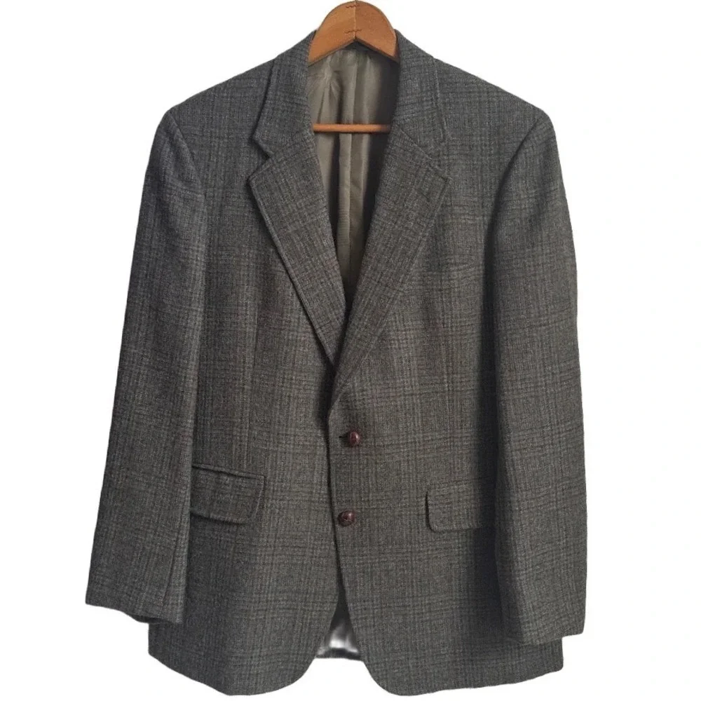 VTG Culwell & Son TX Tweed Sport Coat Jacket 41R Leather Button Windowpane Plaid